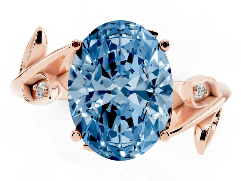 Fancy Blue Oval Cut Diamond Solitaire Twist Engagement Ring Set in Rose gold with Pavé Leaf Accents