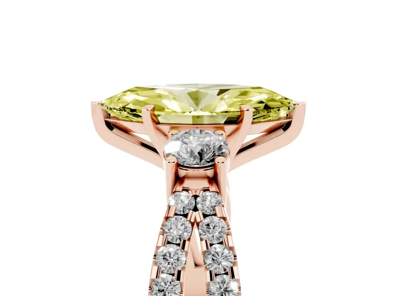 Fancy Yellow Marquise Cut Diamond Three-Stone Ring Set in Rose gold with Pavé Split Shank and Prong Setting