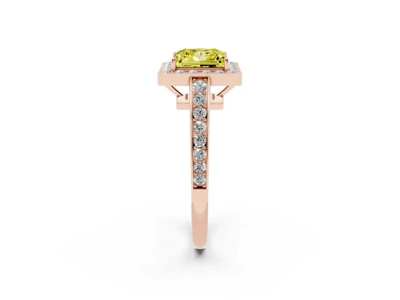 Fancy Yellow Princess Cut Diamond Halo Pavé Engagement Ring Set in Rose gold with Bezel Setting