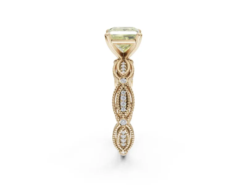 Princess Cut Vintage Engagement Ring Setting for a Fancy Yellow Lab-Grown Diamond | Graduated Stations | Yellow Gold