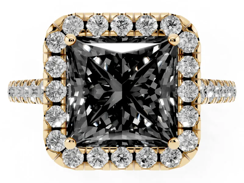 Princess Cut Halo Engagement Ring Setting for a Black Center | Pavé Shoulders | Yellow Gold