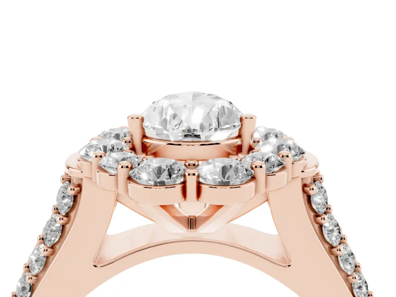 Pear Cut Diamond Halo Engagement Ring Set in Rose gold with Split Shank and Prong Setting