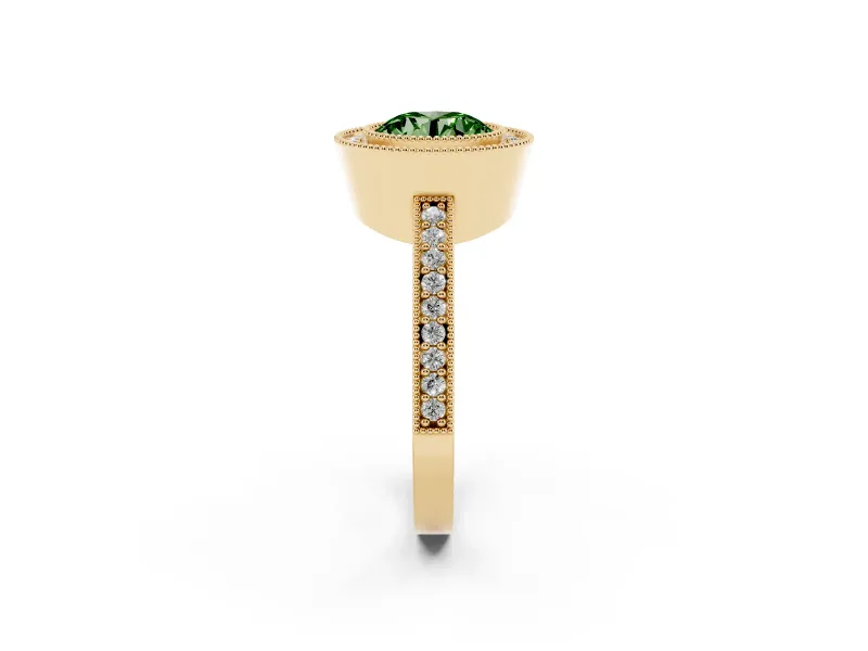 Round Milgrain Halo Engagement Ring Setting for a Fancy Green Lab-Grown Diamond | Pave Band | Yellow Gold