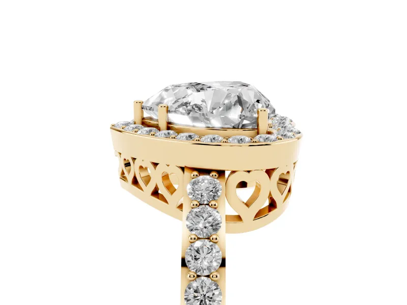 Heart Cut Diamond Halo Ring Set in Yellow gold with Pavé-Setting Band and Open Prong Center