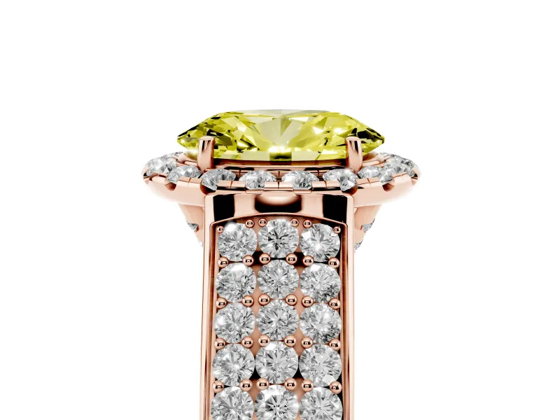 Fancy Yellow Oval Cut Diamond Halo Ring Set in Rose gold with Pavé Band and Raised Center Setting
