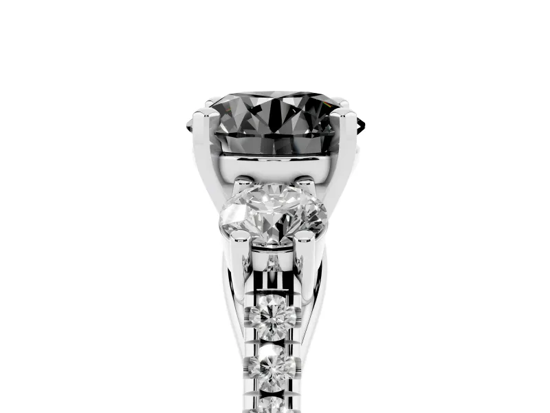 Fancy Black Three-Stone Round Cut Diamond Pavé Band Ring Set in White gold with Prong-Set Trio