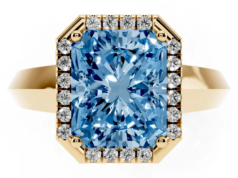 Fancy Blue Radiant Cut Diamond Halo Ring Set in Yellow gold with Cathedral Band and Prong Setting