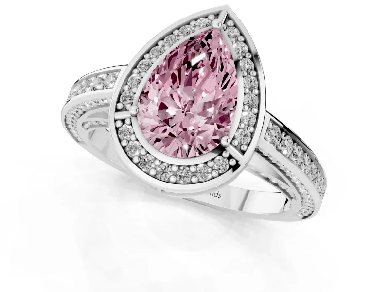 Fancy Pink Pear Cut Diamond Halo Pavé Split Shank Ring Set in Silver with Prong Setting