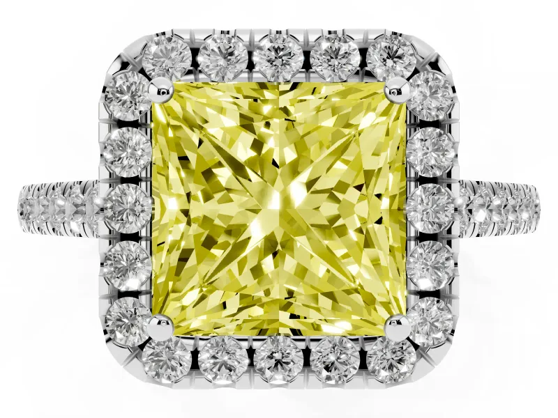Fancy Yellow Princess Cut Diamond Halo Pavé Engagement Ring Set in Silver with Prong Setting