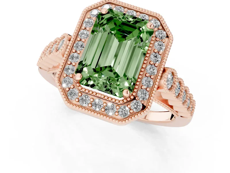 Emerald Cut Graduated Milgrain Halo Engagement Ring Setting for a Fancy Green Lab-Grown Diamond | Rose Gold