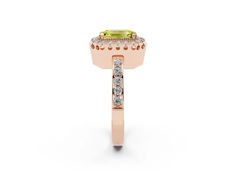 Emerald Cut Milgrain Halo Engagement Ring Setting for a Fancy Yellow Lab-Grown Diamond | Pavé Shoulders | Rose Gold