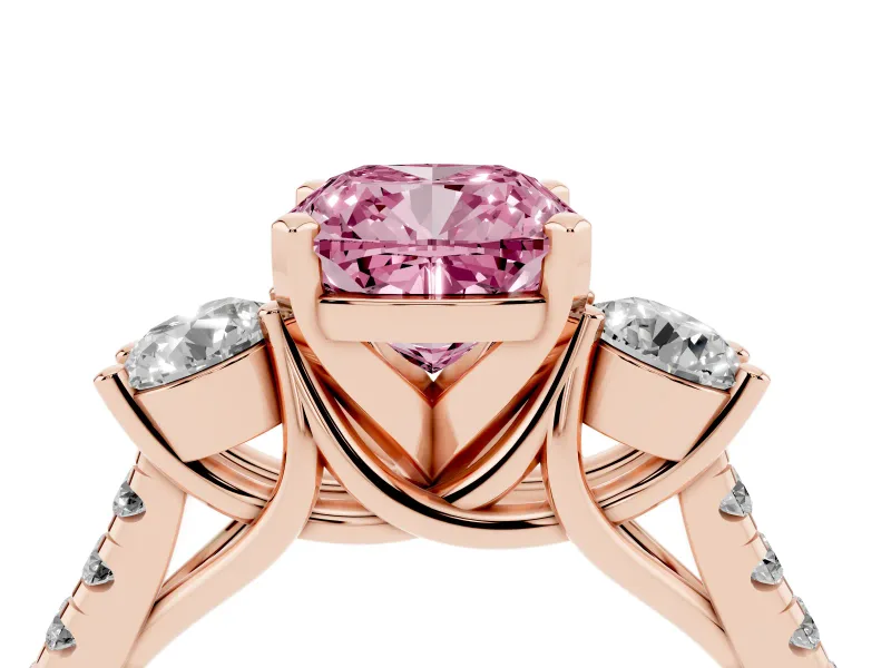Fancy Pink Three-Stone Cushion Cut Diamond Pavé Band Ring Set in Rose gold with Prong-Set Trio