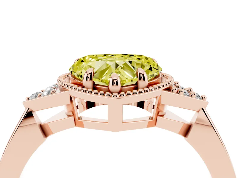 Fancy Yellow Heart Cut Diamond Milgrain Solitaire Ring Set in Rose gold with Tapered Pavé Band and Prong Setting