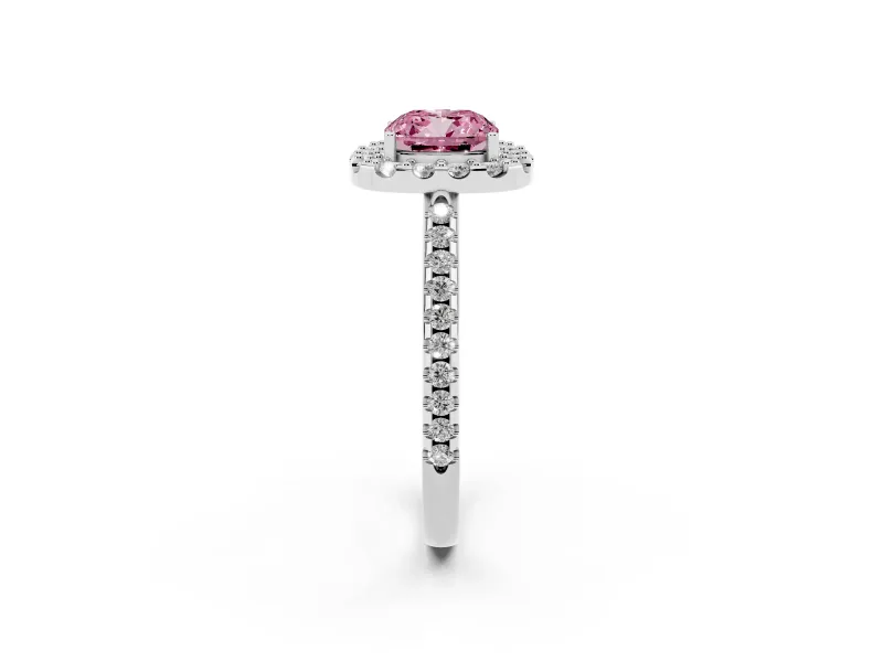 Cushion Cut Pave Halo Engagement Ring Setting for a Fancy Pink Lab-Grown Diamond | Pave Band | Sterling Silver