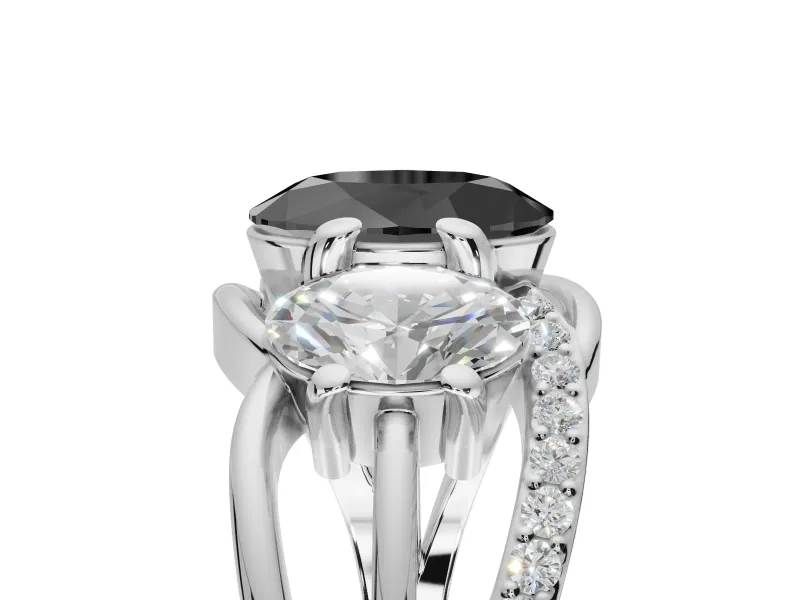 Oval Three Stone Split Shank Engagement Ring Setting for a Black Center | Matching Sides | Platinum