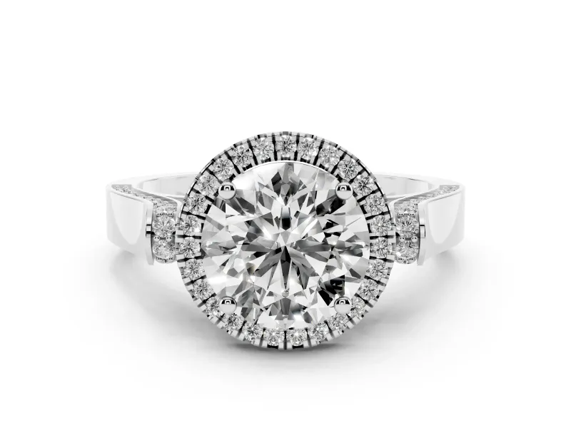 Round Cut Diamond Halo Ring Set in White gold with Pavé-Lined Split Shank Band