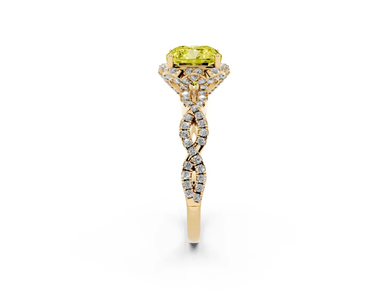 Fancy Yellow Cushion Cut Diamond Halo Twist Band Solitaire Ring Set in Yellow gold with Prong-Set Center Stone
