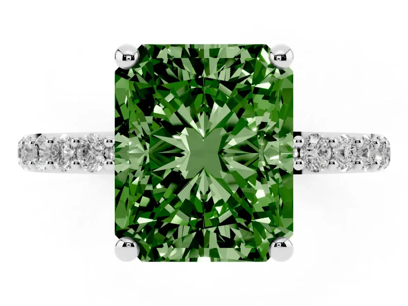 Fancy Green Radiant Cut Diamond Solitaire Ring Set in Silver with Round Pavé Band and Prong Setting