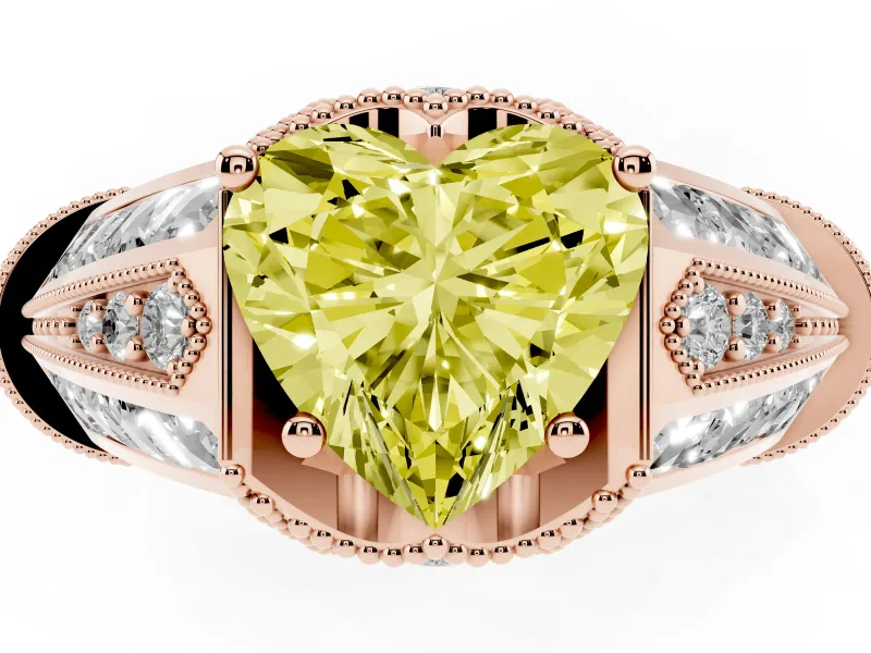 Fancy Yellow Heart Cut Diamond Vintage-Inspired Milgrain Ring Set in Rose gold with Accent Split Shank