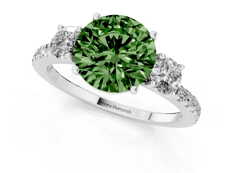 Fancy Green Round Cut Diamond Three-Stone Ring Set in Silver with Pavé Band and Graduated Sides
