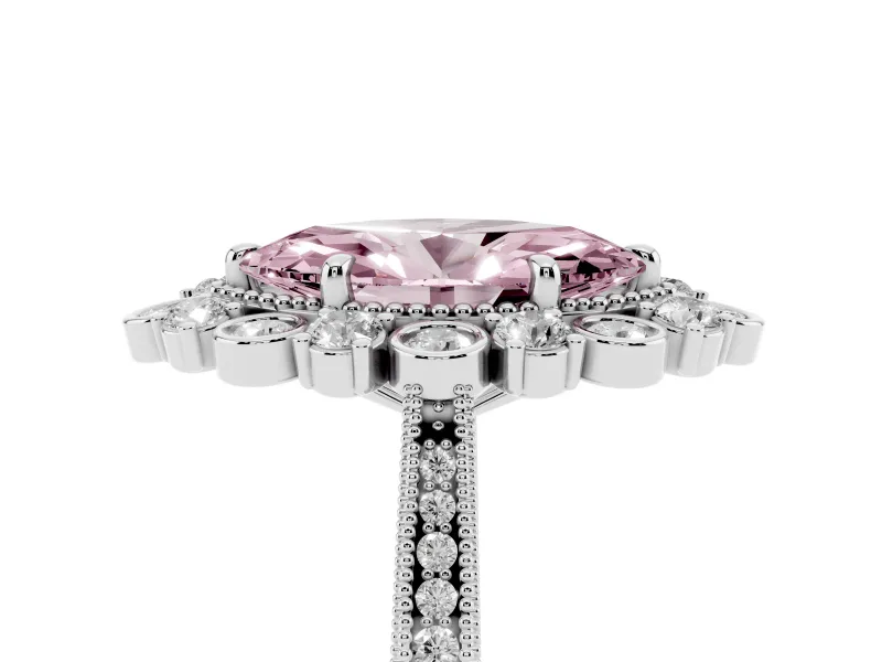 Fancy Pink Marquise Cut Diamond Halo Milgrain Pavé Ring Set in Silver with Prong Setting