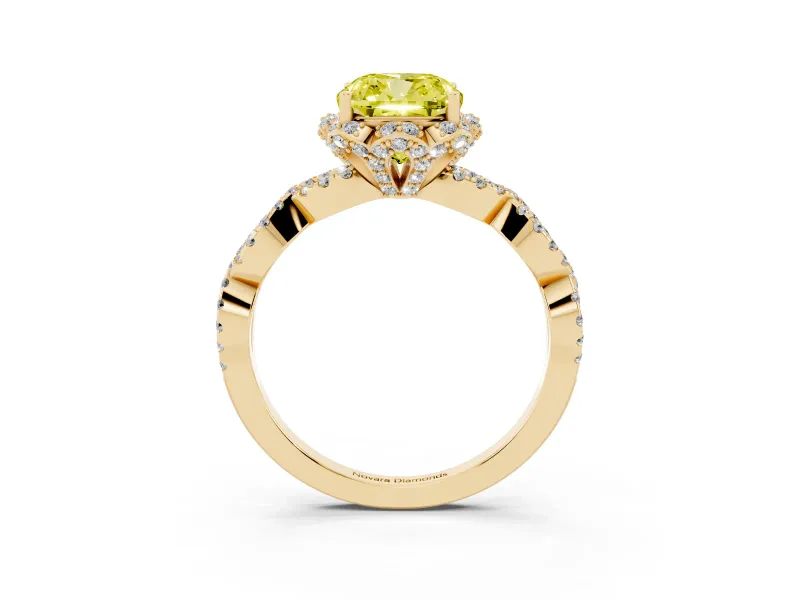 Fancy Yellow Cushion Cut Diamond Halo Twist Band Solitaire Ring Set in Yellow gold with Prong-Set Center Stone