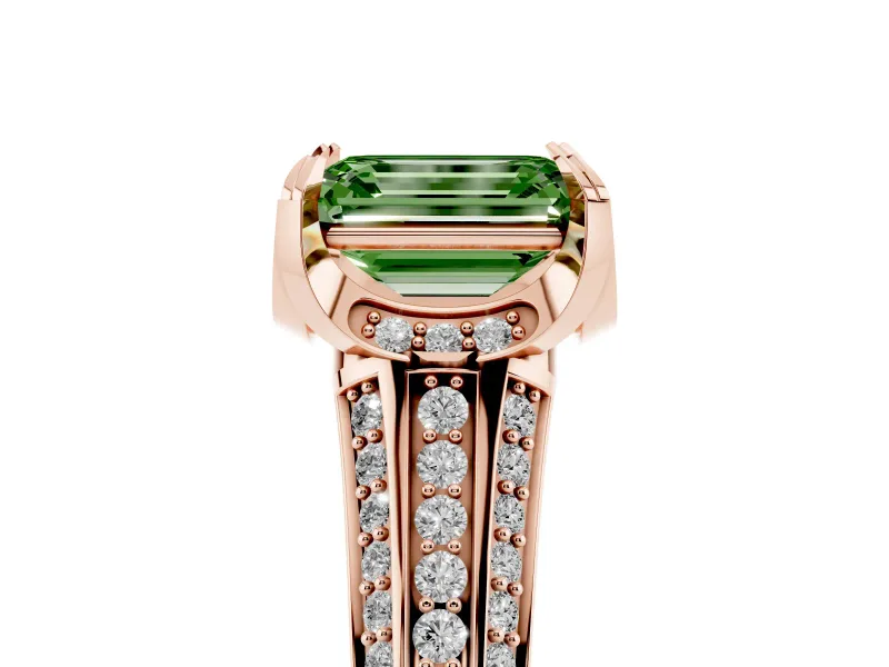 Emerald Cut Hidden Halo Engagement Ring Setting for a Fancy Green Lab-Grown Diamond | Triple Row Pavé Band | Rose Gold