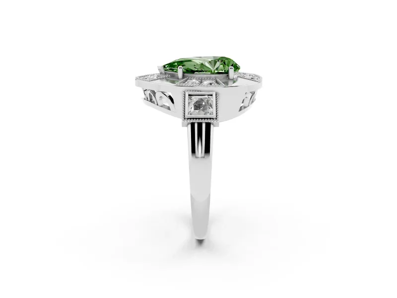 Fancy Green Pear Cut Diamond Milgrain Halo Ring Set in Silver with Split Shank
