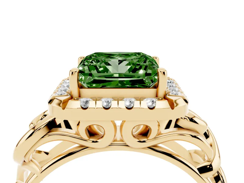 Fancy Green Princess Cut Diamond Halo Ring Set in Yellow gold with Scrollwork Band and Prong Setting