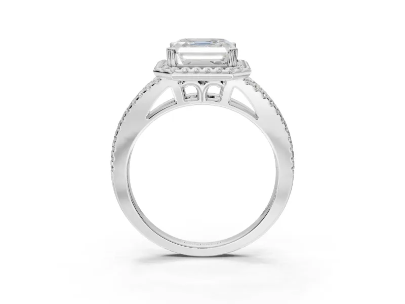 Asscher Cut Halo Split Shank Engagement Ring Setting | Pavé Shoulders | Sterling Silver