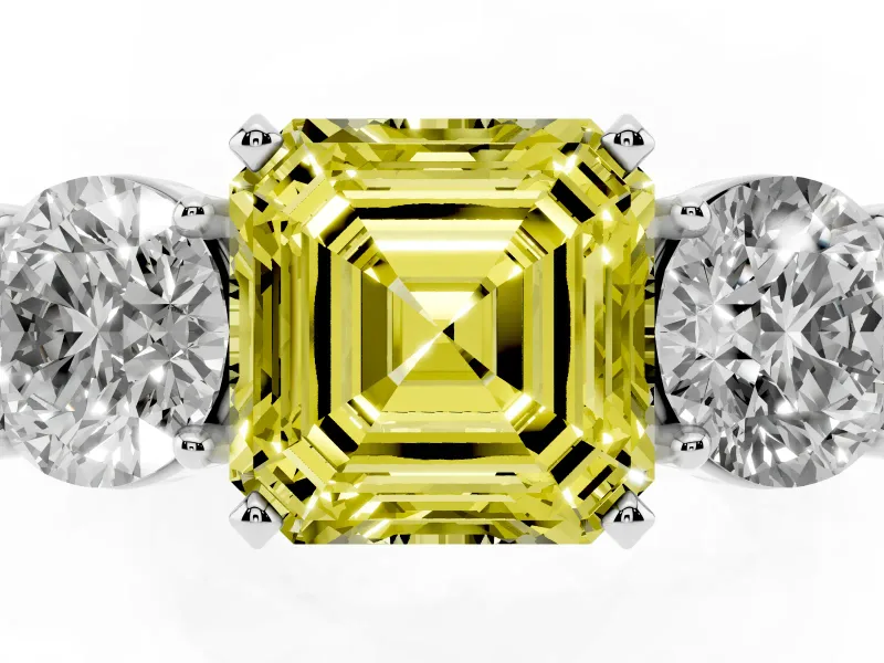 Asscher Cut Three Stone Engagement Ring Setting for a Fancy Yellow Lab-Grown Diamond | Wide Plain Band | Platinum