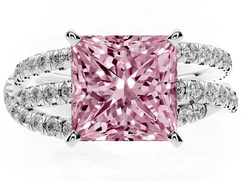 Fancy Pink Princess Cut Diamond Solitaire Twist Band Ring Set in White gold with Pavé Setting and Prong Head