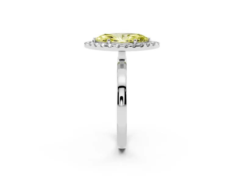 Fancy Yellow Marquise Cut Diamond Halo Solitaire Ring Set in White gold with Pavé Band and Prong Setting