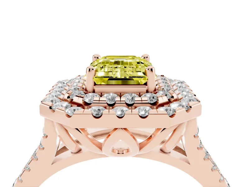 Emerald Cut Halo Split Shank Engagement Ring Setting for a Fancy Yellow Lab-Grown Diamond | Pavé Strands | Rose Gold