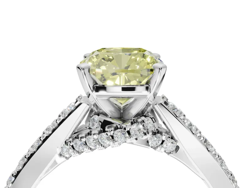 Cushion Cut Pavé Engagement Ring Setting for a Fancy Yellow Lab-Grown Diamond | Crossover Gallery | Sterling Silver