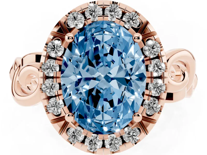 Fancy Blue Oval Cut Diamond Halo Ring Set in Rose gold with Scrollwork Band and Prong Setting