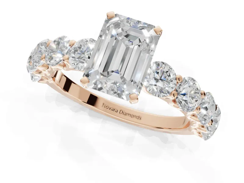 Emerald Cut Side Stone Engagement Ring Setting | Scalloped Prong Accents | Rose Gold