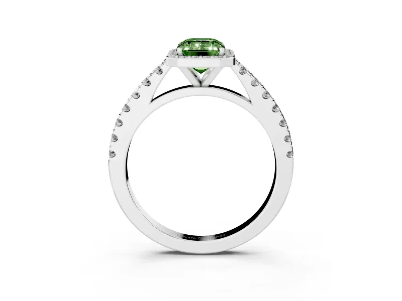 Fancy Green Emerald Cut Diamond Halo Engagement Ring Set in White gold with Pavé Band and Prong Setting