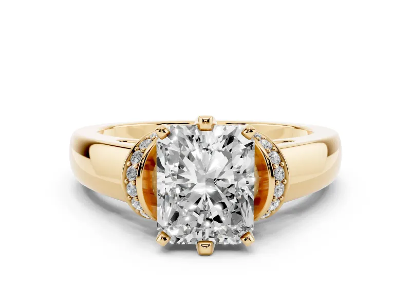 Radiant Cut Diamond Pavé Band Solitaire Ring Set in Yellow gold with Prong Setting