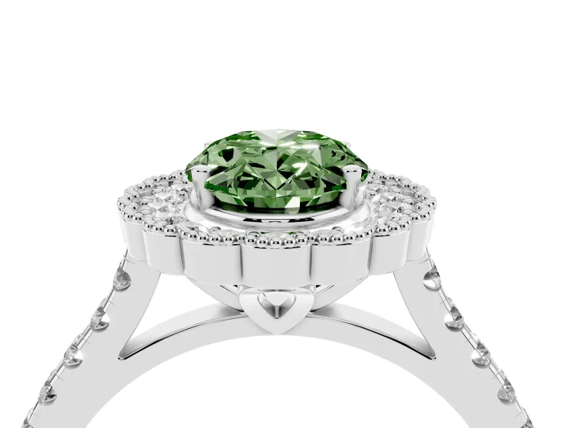 Fancy Green Oval Cut Diamond Milgrain Floral Halo Engagement Ring Set in Platinum with Pavé Band