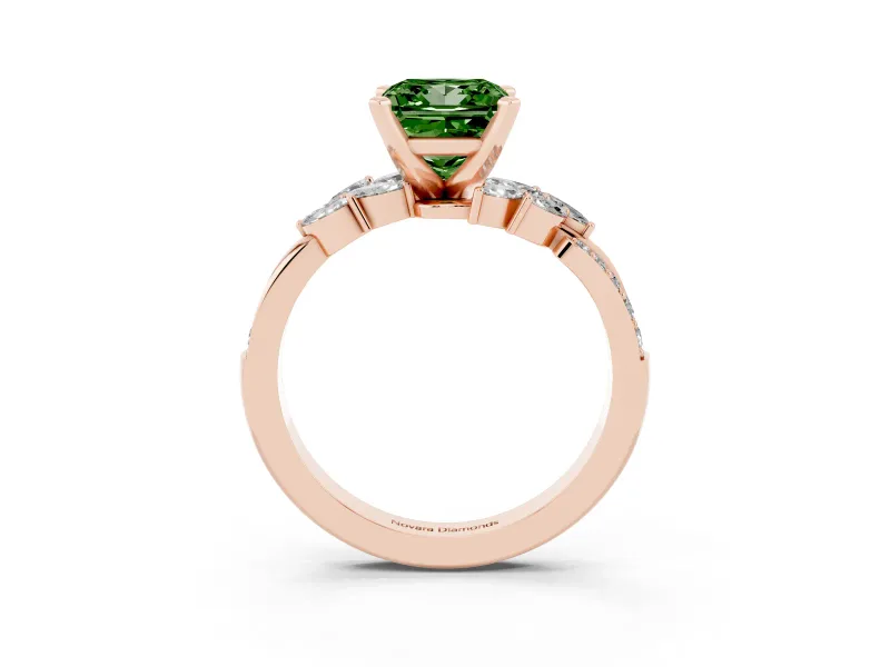 Fancy Green Princess Cut Diamond Solitaire Ring Set in Rose gold with Marquise Twist Band and Prong Setting