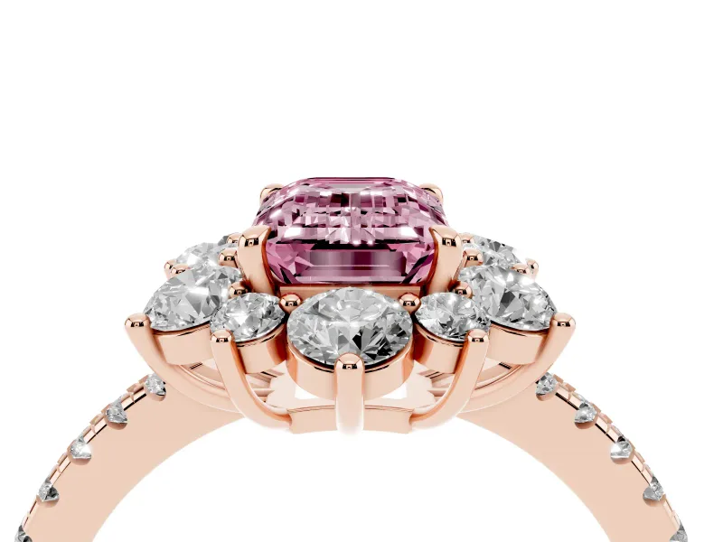 Fancy Pink Emerald Cut Diamond Floral Halo Ring Set in Rose gold with Round Pavé Band and Prong Setting