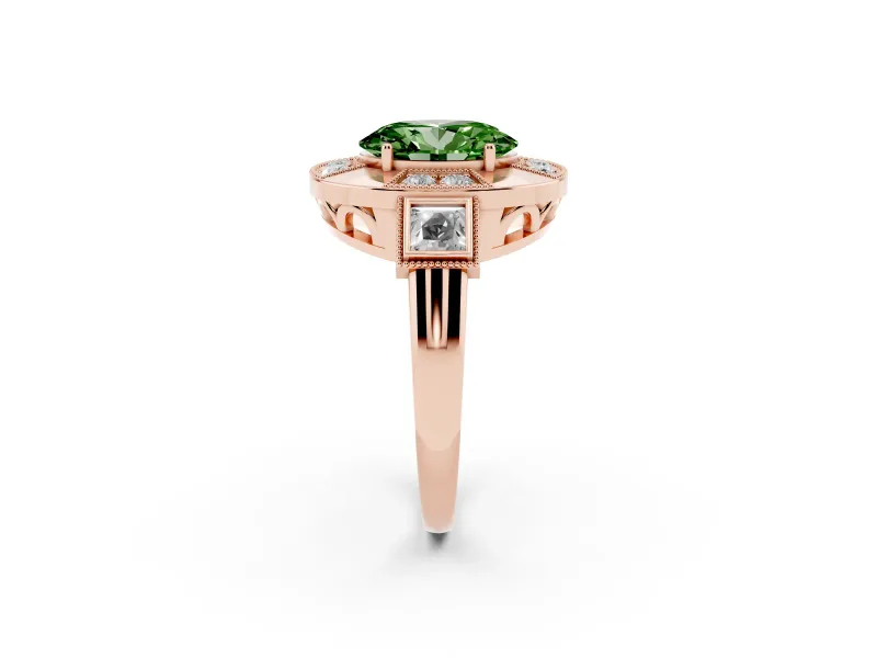 Fancy Green Oval Cut Diamond Milgrain Halo Ring Set in Rose gold with Split Shank