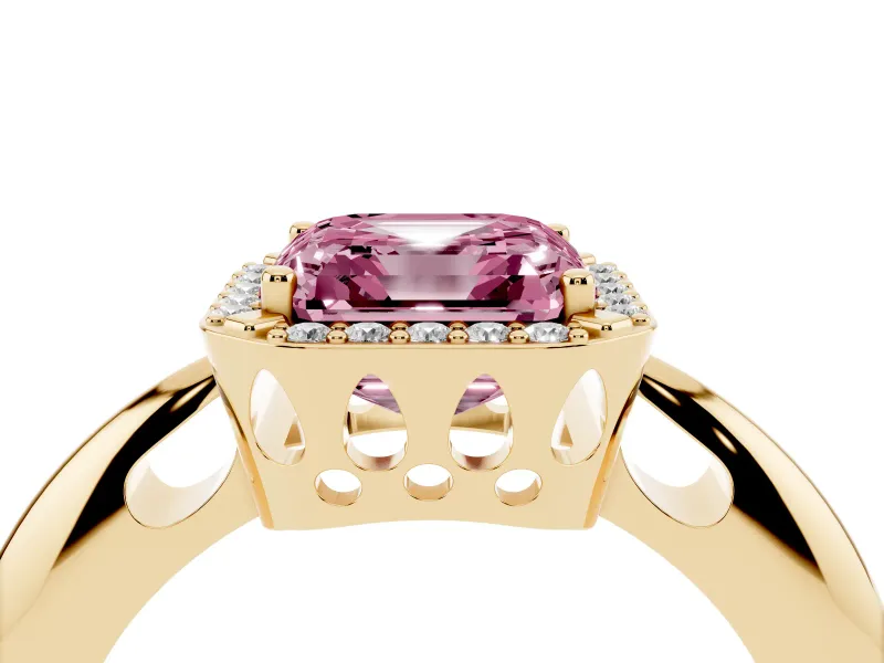 Fancy Pink Asscher Cut Diamond Halo Engagement Ring Set in Yellow gold with Plain Split Shank and Prong Setting