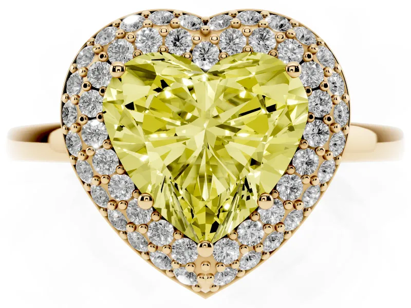 Fancy Yellow Heart Cut Diamond Halo Engagement Ring Set in Yellow gold with Solitaire Band and Prong Setting