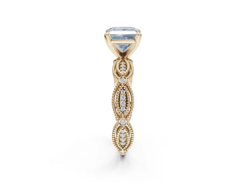 Princess Cut Vintage Engagement Ring Setting for a Fancy Blue Lab-Grown Diamond | Graduated Stations | Yellow Gold