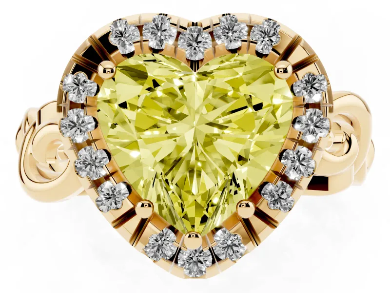 Fancy Yellow Heart Cut Diamond Halo Ring Set in Yellow gold with Scrollwork Band and Prong Setting