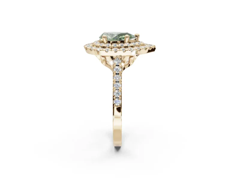 Fancy Green Pear-Shaped Lab-Grown Diamond Double Halo Statement Ring Set in Yellow Gold with Pavé Band