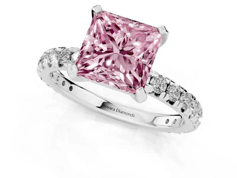 Princess Cut Pavé Solitaire Engagement Ring Setting for a Fancy Pink Lab-Grown Diamond | Shared Prong Band | Platinum