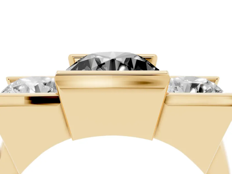 Fancy Black Round Cut Diamond Three-Stone Channel Set Ring Set in Yellow gold with Smooth Polished Band